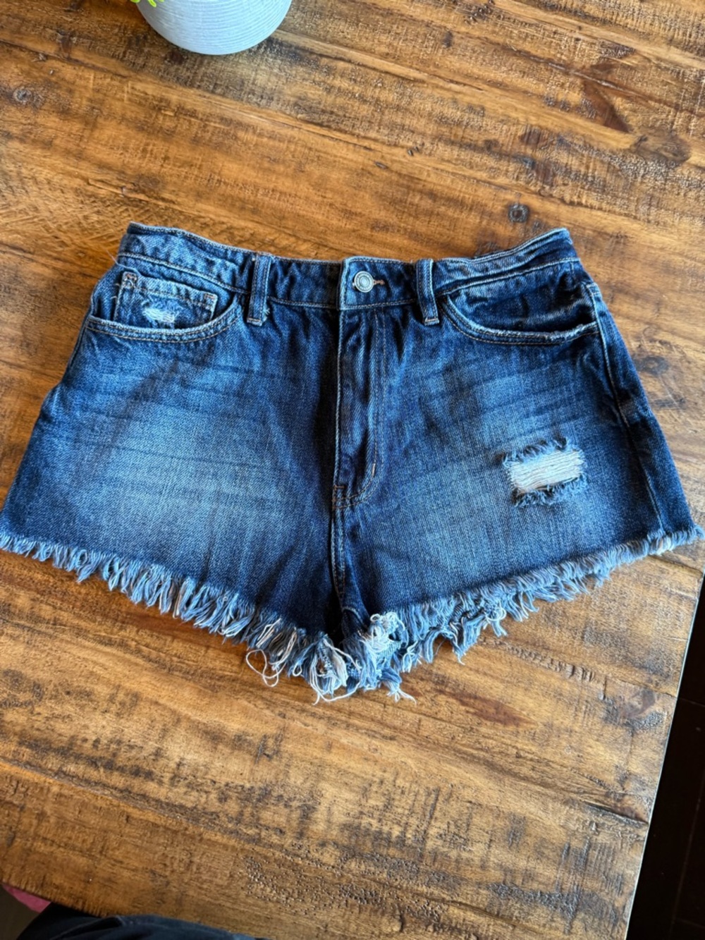 KanCan Dark Blue Distressed Frayed-Hem Denim Shorts